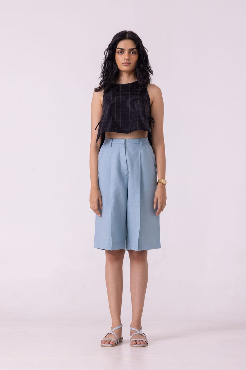 March Blue Linen Pleated Shorts