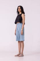 March Blue Linen Pleated Shorts view 3