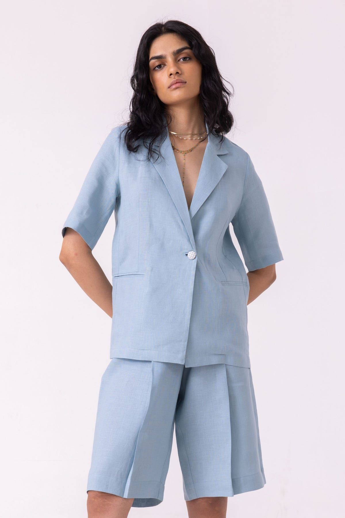 March Blue Linen Pleated Shorts - image 6