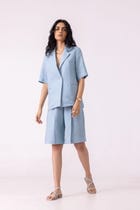 March Blue Linen Pleated Shorts view 8