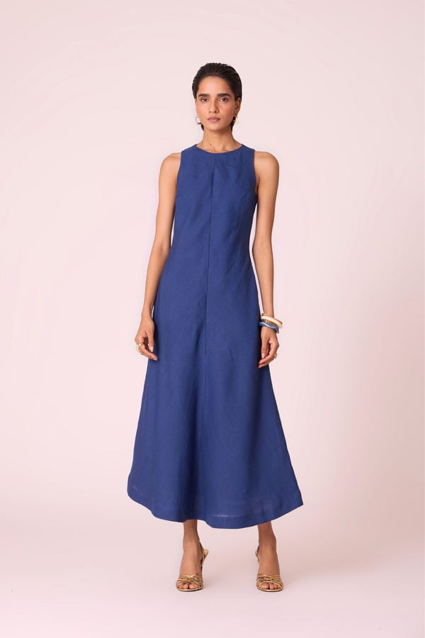 The Summer House — Naomi Ink Blue Linen Midi Dress