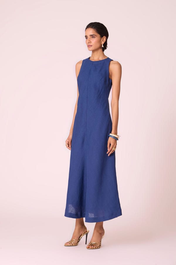 The Summer House — Naomi Ink Blue Linen Midi Dress