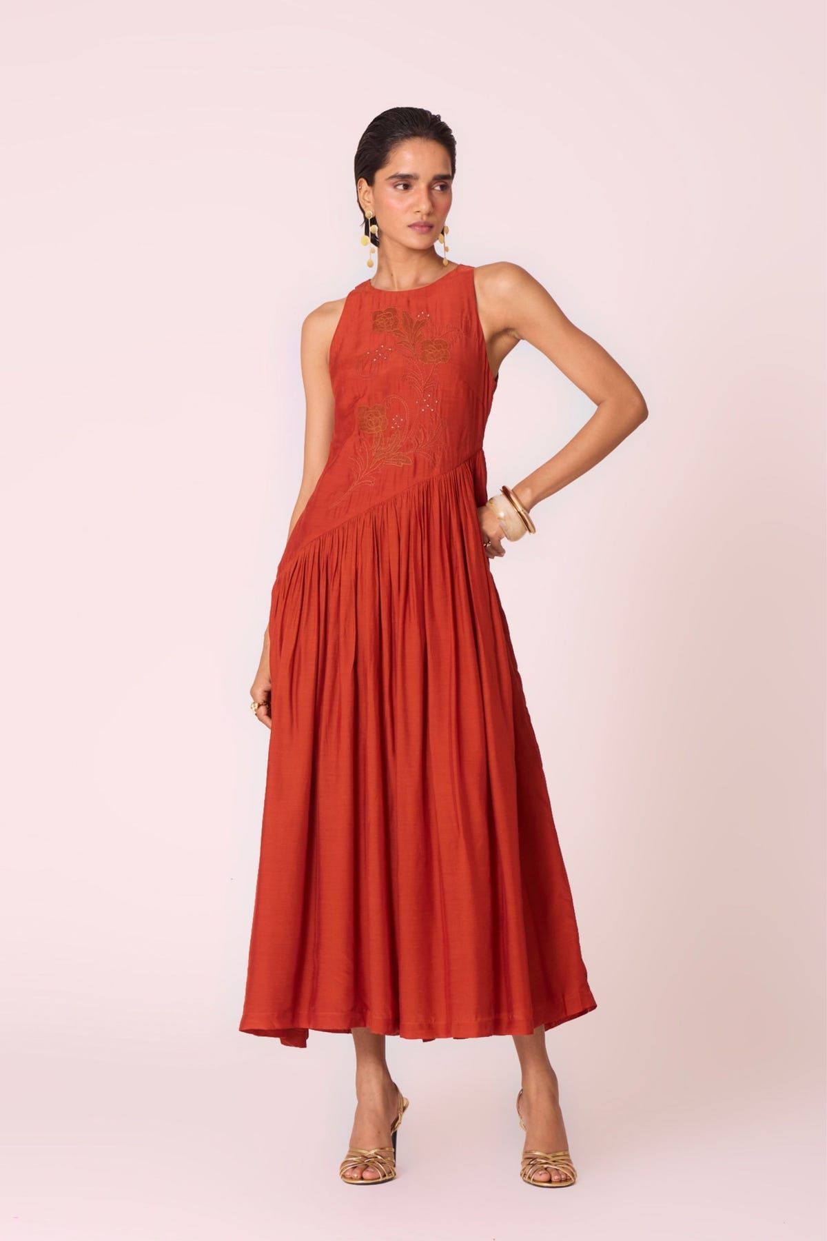Anya Rust Embroidered Midi Dress - image 1