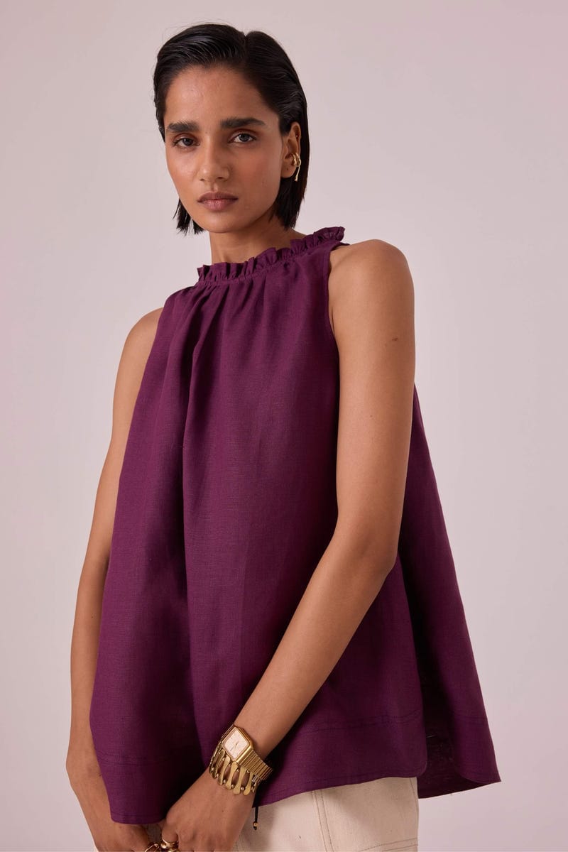 Kocho Purple Linen Halter Top