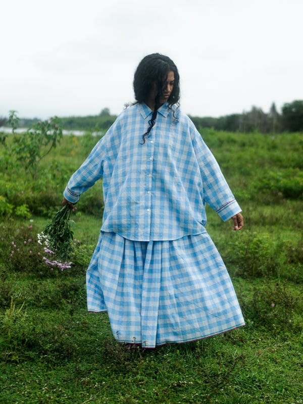 Tree and Poetry — Light blue checks skirt