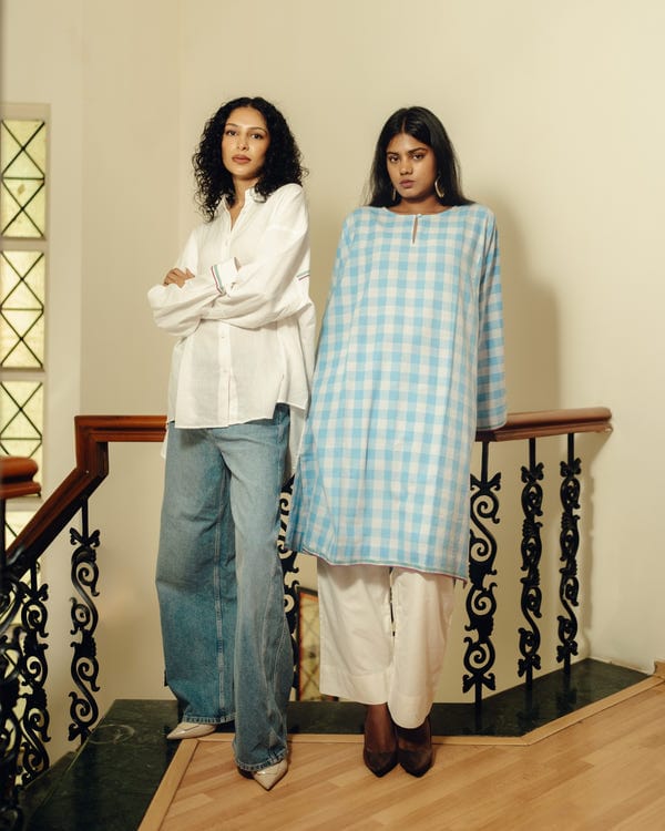 Tree and Poetry — Free size kurta - Light blue checks