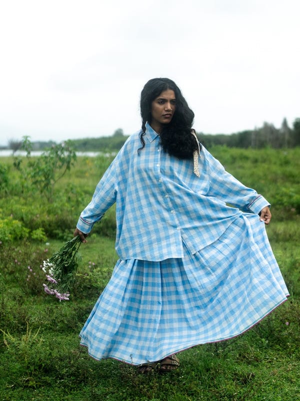 Tree and Poetry — Light blue checks skirt set