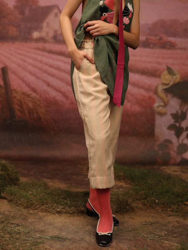 Winglore Studio — Stitchline Pants - Beige with green stitch
