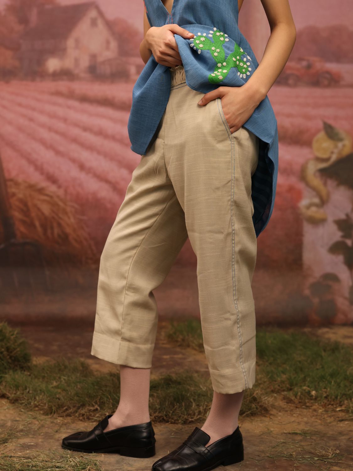 Stitchline Pants - Beige with Blue stitch - image 1