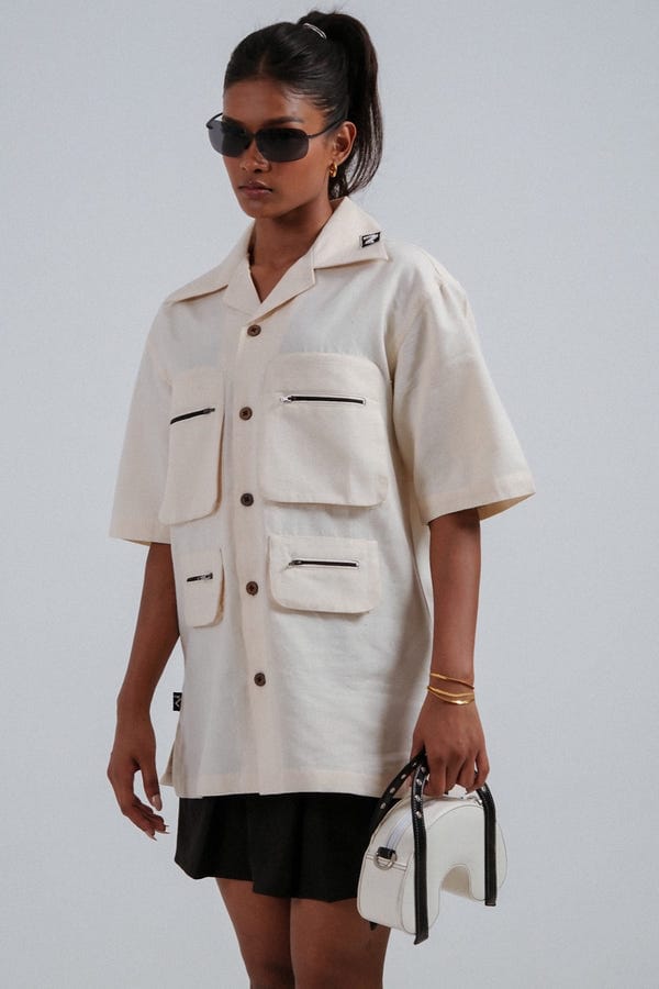 Zero Tolerance — White handmade cargo shirt (Unisex)